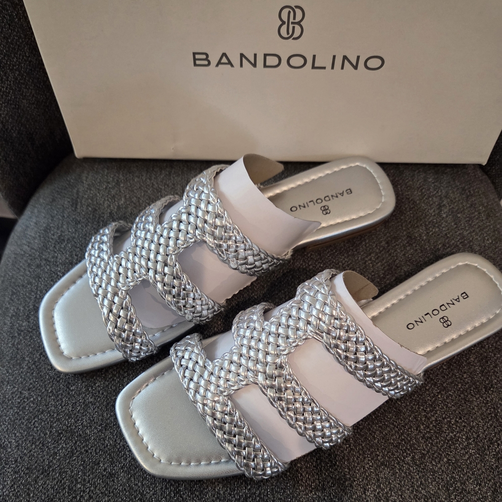Bandolino Sumer Woven Metallic Slide Sandals Square Toe Flat Silver-Size 9